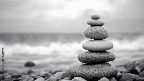 Zen Stones Stacked on the Shore: A Moment of Tranquil Balance