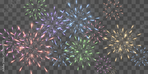Festive fireworks with brightly shining sparks. Holiday fireworks. Realistic sparks and explosions. Colorful pyrotechnics show. Vector isolated on png background