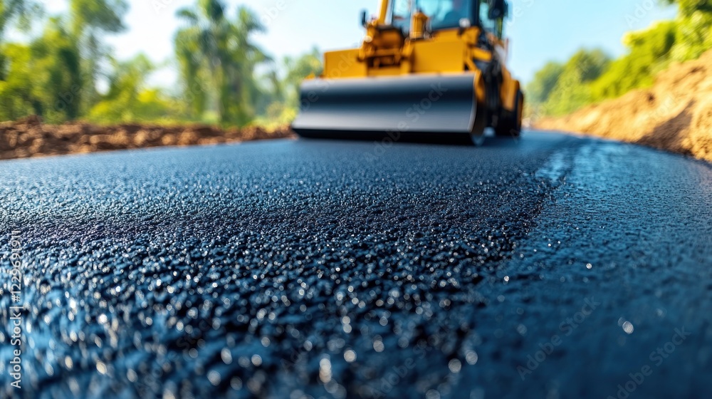 Asphalt road construction; close-up view of a roller compactor smoothing fresh asphalt.