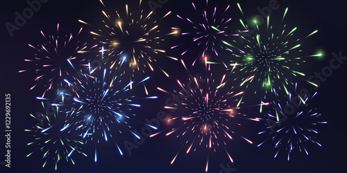 Festive fireworks with brightly shining sparks. Holiday fireworks. Realistic sparks and explosions. Colorful pyrotechnics show in night sky. Vector illustration