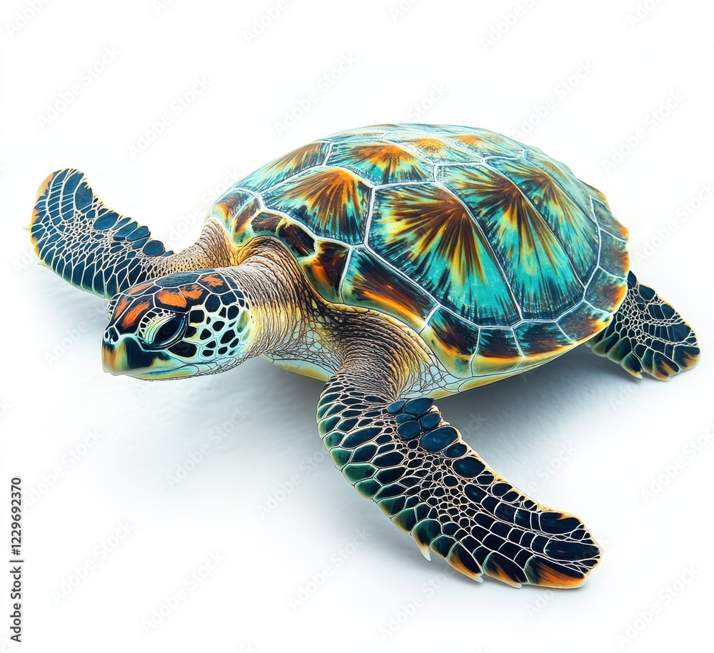 Fototapeta premium Vibrant and Colorful Sea Turtle Swimming Gracefully in Clear Blue Water with Detailed Shell Patterns and Serene Expression Perfect for Nature Photography