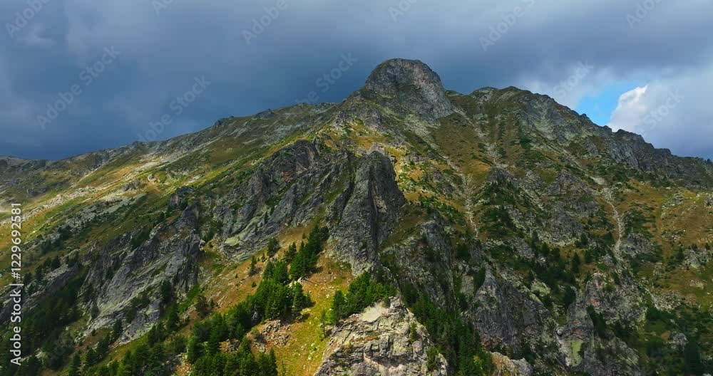 Evergreen Trees Growing On A Sharp Cliff In Rila Mountain Range Bulgaria Aerial Zoom In Parallax Vibrant Landscape Scenery Evergreen Trees Growing On A Sharp Cliff In Rila Mountain Range Bulgaria Aerial Zoom In Parallax Vibrant Landscape Scenery