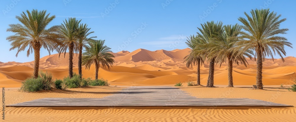 Desert landscape with palm trees and wooden platform. Desert landscape with palm trees and wooden platform.