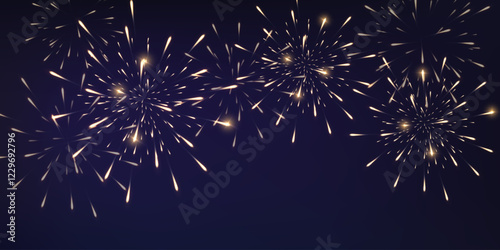 Festive fireworks with brightly shining sparks. Holiday fireworks. Realistic sparks and explosions. Colorful pyrotechnics show in night sky. Vector illustration