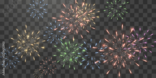 Festive fireworks with brightly shining sparks. Holiday fireworks. Realistic sparks and explosions. Colorful pyrotechnics show. Vector isolated on png background