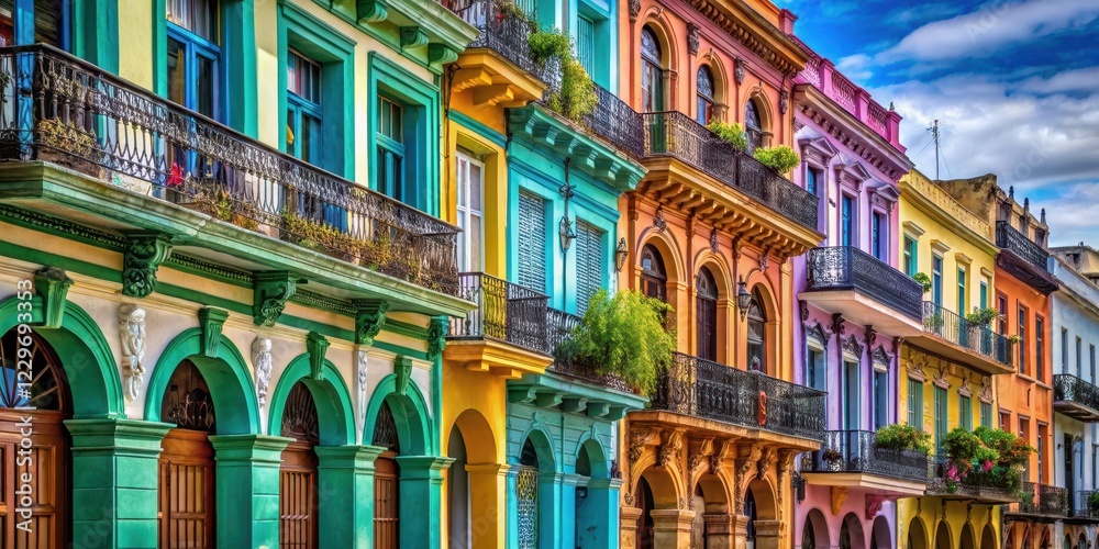 Fototapeta premium Vibrant colorful walls with intricate ironwork balconies overlooking a lively Cuban street , balcony, casa particular