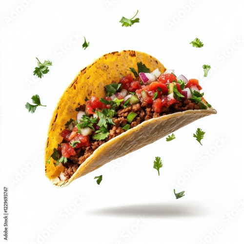 Flying taco with spicy red salsa bursts in motion, isolated on a white background