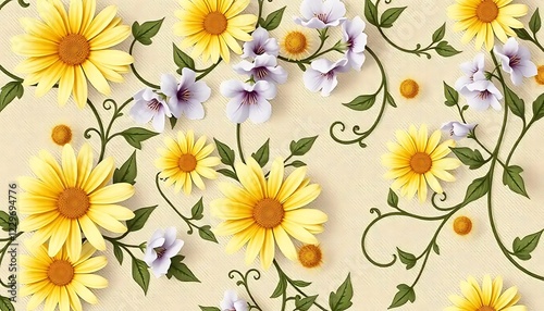 Yellow Daisies and Purple Flowers on Cream Background