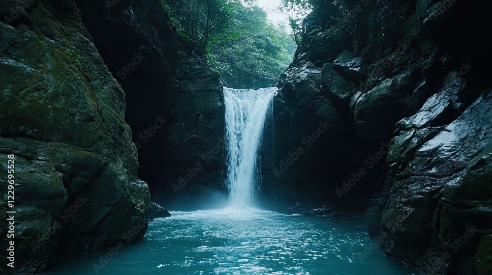 Naklejka premium A magical waterfall cascading from a cliff into a glowing pool of water, surrounded by ancient ruins and overgrown with moss and vines.