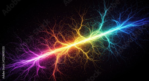 Layered digital composition of a neural network with colorful nodes and flowing connections in a dynamic layout