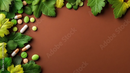 Brown background with green leaves and colorful pills on a natural surface