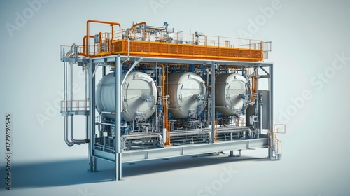 Multi-chamber wastewater treatment tank, cutaway view, realistic technical rendering. photo