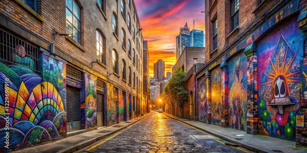 Fototapeta premium Colorful street art laneways near Yarra River at sunset, day, cityscape, day