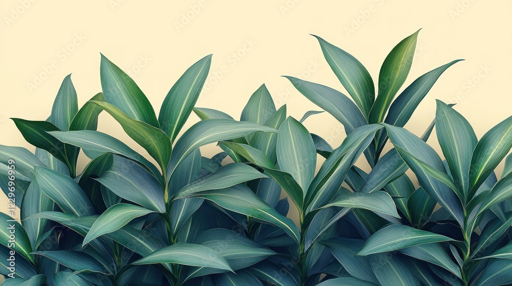 Fototapeta premium Lush teal tropical foliage against a pale yellow background.