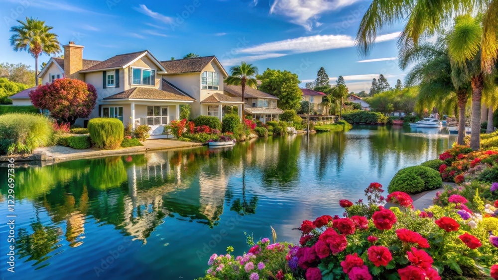 Sunny afternoons by a serene lake with lush greenery and vibrant flowers surrounding a charming Eastlake Chula Vista neighborhood home facade, california, landscaping