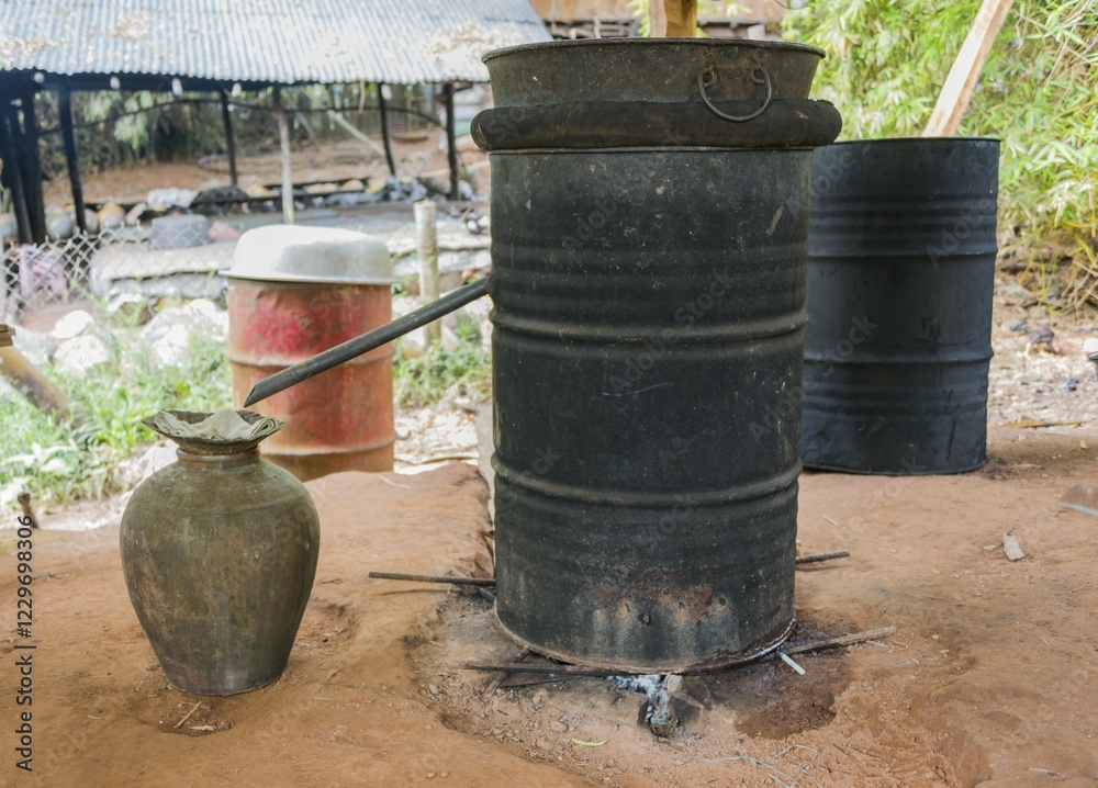 Distillery for the production of Lao Loa, rice wine, Sang Ha, Louangphabang Province, Laos, Asia Distillery for the production of Lao Loa, rice wine, Sang Ha, Louangphabang Province, Laos, Asia