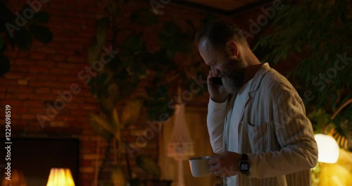 Wallpaper Mural A man talks on a mobile phone and uses a laptop during night work from home Torontodigital.ca