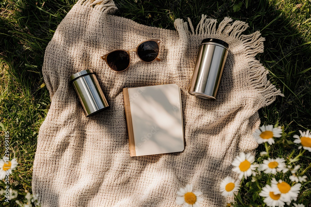 A flat lay on a picnic blanket with a thermos, a pair of sunglasses, and a book, framed by grass.