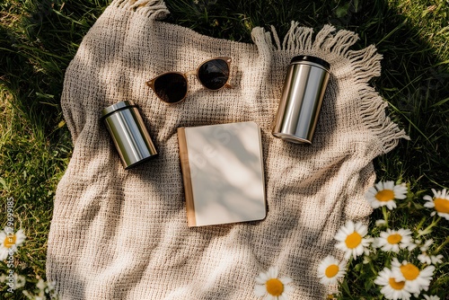 Obraz na płótnie A flat lay on a picnic blanket with a thermos, a pair of sunglasses, and a book, framed by grass. w salonie