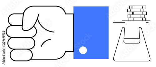 Fist with blue sleeve ready for handshake bump, pile of rectangular objects. Ideal for teamwork, cooperation, business partnerships, solidarity, strength, unity collaboration. Abstract line flat