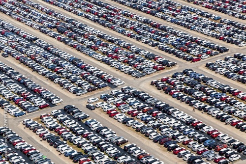 Aerial view, vehicle storage, parking area for vehicles, Kfz-Logistik, BLG Logistics Group at the Danube port, Kelheim, Bavaria, Germany, Europe