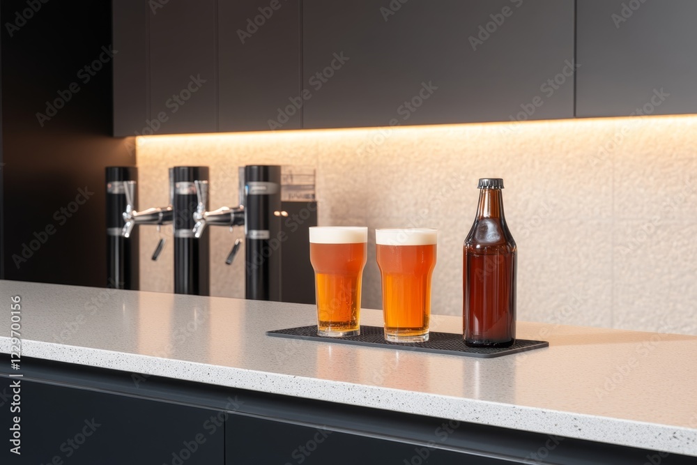 Refreshing craft beers served in a modern kitchen with sleek design and soft lighting Refreshing craft beers served in a modern kitchen with sleek design and soft lighting