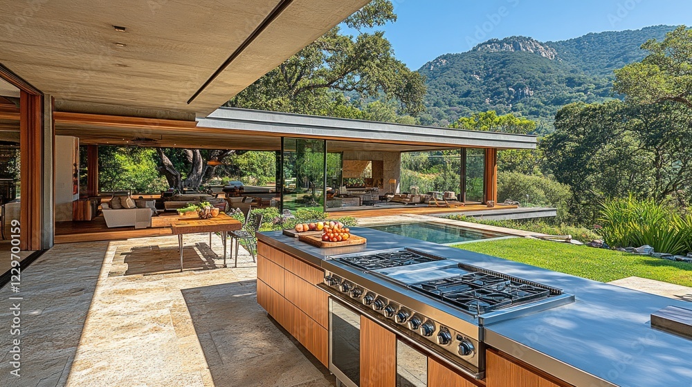 Fototapeta premium Modern outdoor kitchen with mountain view.