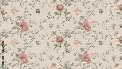 Vintage Floral Wallpaper Pattern – Elegant Botanical Design with Delicate Flowers and Vines – Classic Decorative Background, AI Generated