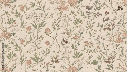 Wallpaper Mural Vintage Floral Wallpaper Pattern – Elegant Botanical Design with Delicate Flowers and Vines – Classic Decorative Background, AI Generated Torontodigital.ca