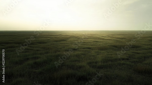 A wide open field at sunrise, with soft light pouring over the landscape and creating long shadows on the ground.