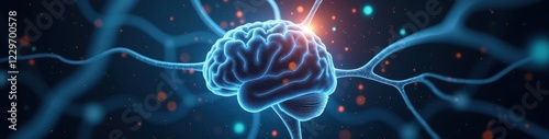 Abstract digital art of neuron connections forming a brain silhouette in a cosmic background, representing neural networks and consciousness. Futuristic Technology LinkedIn Banner