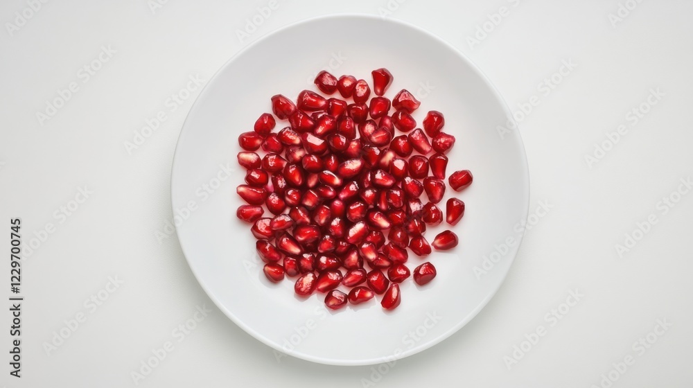 A minimalist plate of fresh pomegranate seeds, neatly arranged in a simple pattern on a plain white ceramic plate, Pomegranate seeds centered A minimalist plate of fresh pomegranate seeds, neatly arranged in a simple pattern on a plain white ceramic plate, Pomegranate seeds centered
