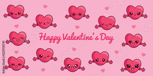 Set of pink hearts in kawaii style with different emotions. Valentines cards for Valentine's Day. Vector illustration