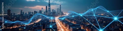 Futuristic cityscape illuminated at dusk with 3D-rendered neural network patterns overlaying its skyline, symbolizing technology and innovation. Futuristic Technology LinkedIn Banner