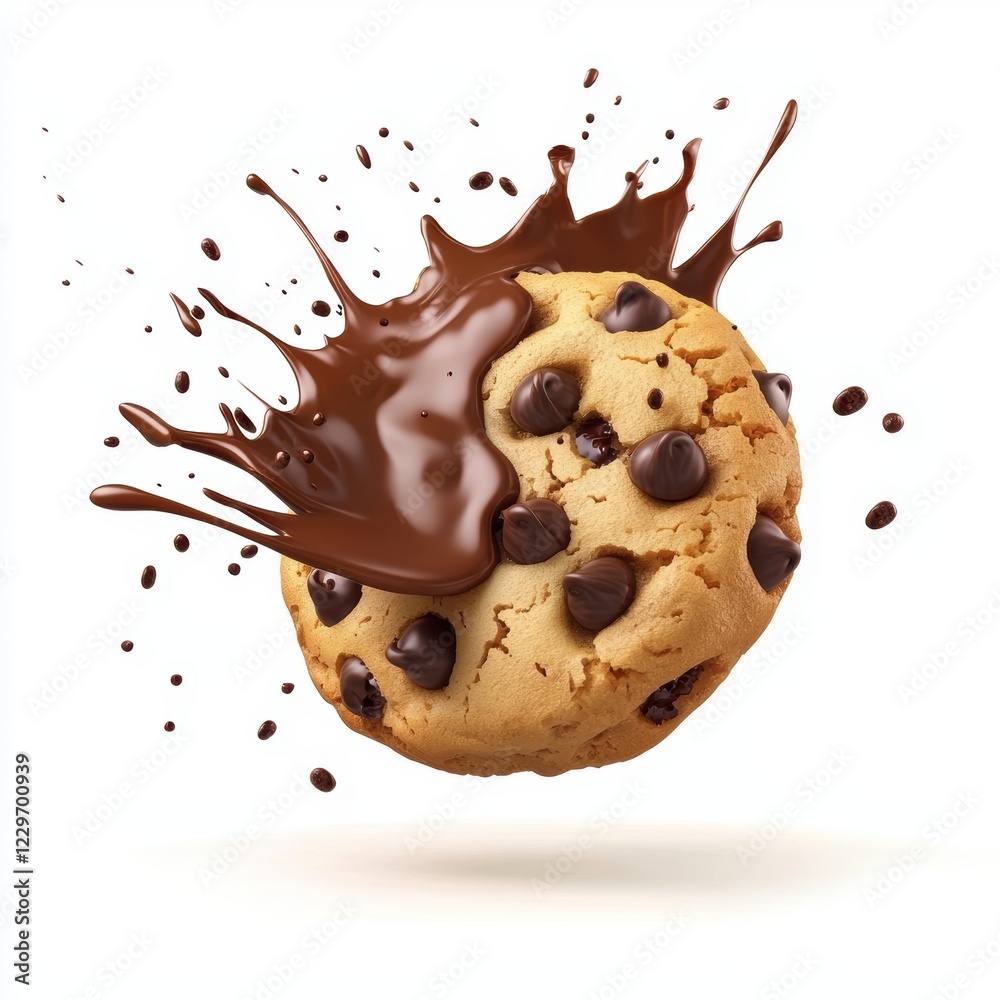Fototapeta premium flying chocolate chip cookie with melted chocolate splashes, isolated on a white background