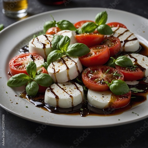 Caprese salad: mozzarella, colorful tomatoes and fresh herbs Fresh Caprese Salad Closeup with Tomatoes, Mozzarella, and Basil Drizzled with Balsamic Glaze on a Rustic Plate