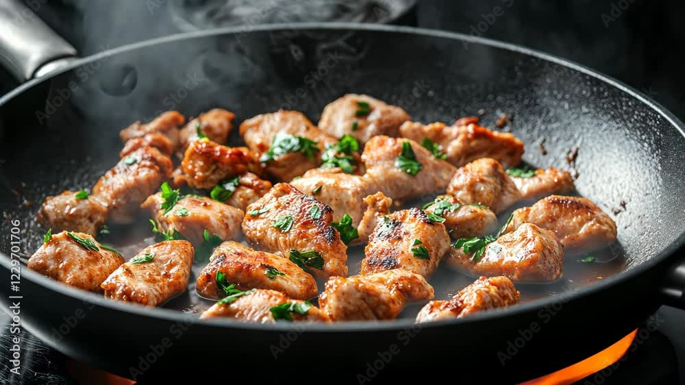 Juicy chicken pieces cooking in a skillet with herbs on a hob in a kitchen setting during meal preparation Juicy chicken pieces cooking in a skillet with herbs on a hob in a kitchen setting during meal preparation