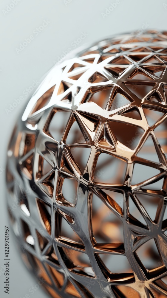 Obraz premium Close-up of a metallic sphere showcasing intricate geometric patterns and reflective surfaces, set against a soft, neutral background.