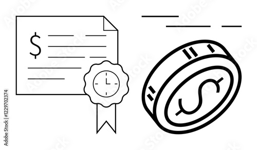Financial document with dollar sign and lines, ribbon with a clock, and a flying coin with a dollar symbol. Ideal for finance, investment, profitability, economics, savings, banking, and insurance