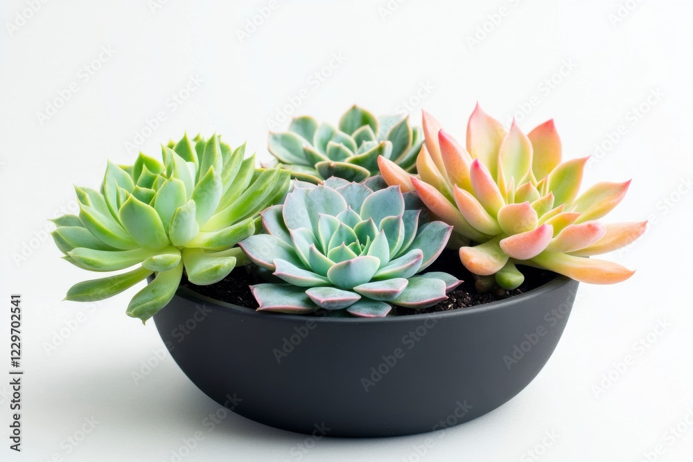 Four Colorful Succulent Plants in Black Pot on White Background Four Colorful Succulent Plants in Black Pot on White Background