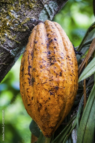 Yellow cocoa pod (Theobroma cacao) growing in spice garden, Kumily, Kerala, India, Asia photo