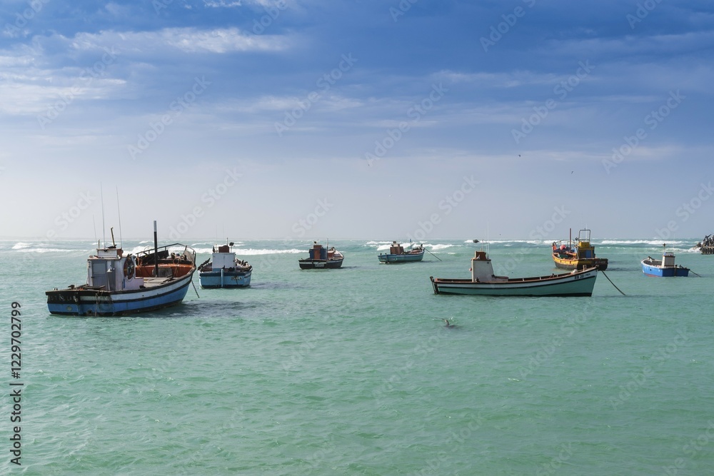 Anchored fishing boats in harbor, Struisbay, Cape Agulhas, Province Western Cape, South Africa, Africa Anchored fishing boats in harbor, Struisbay, Cape Agulhas, Province Western Cape, South Africa, Africa