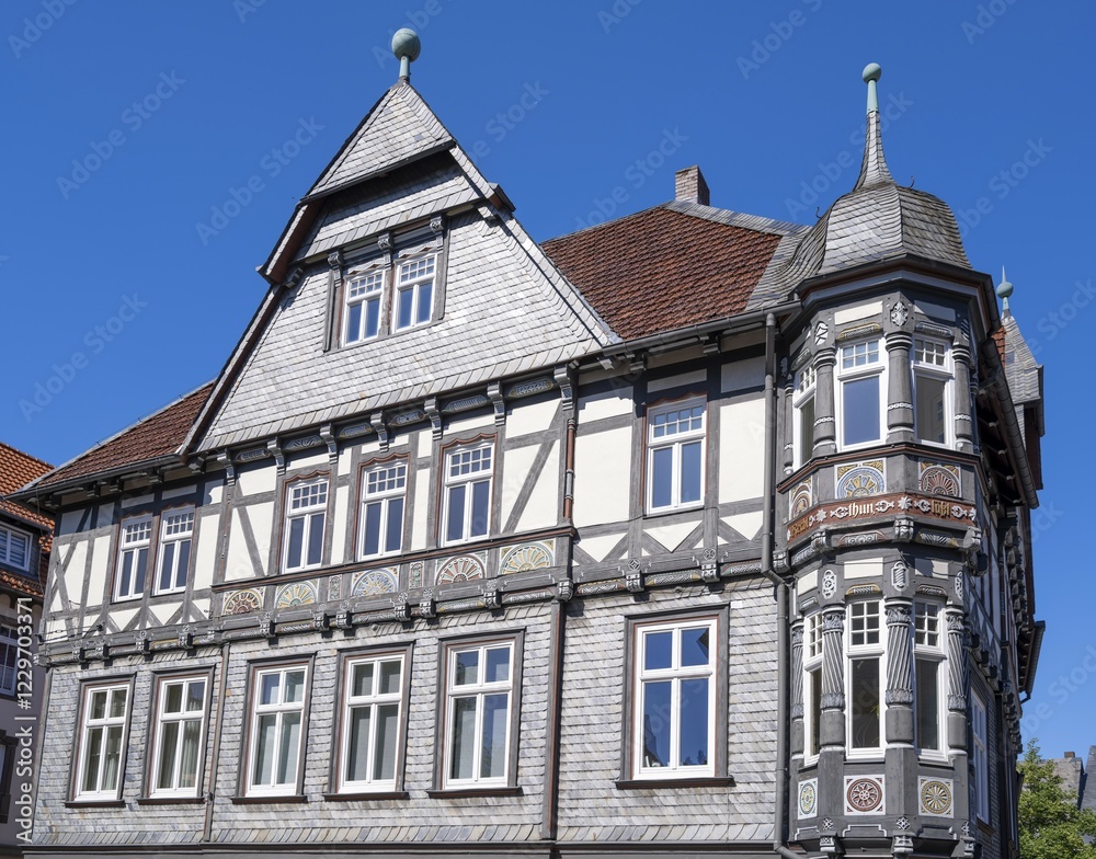 Half-timbered house decorated with carvings in the old town, Goslar, Harz, Lower Saxony, Germany, Europe Half-timbered house decorated with carvings in the old town, Goslar, Harz, Lower Saxony, Germany, Europe