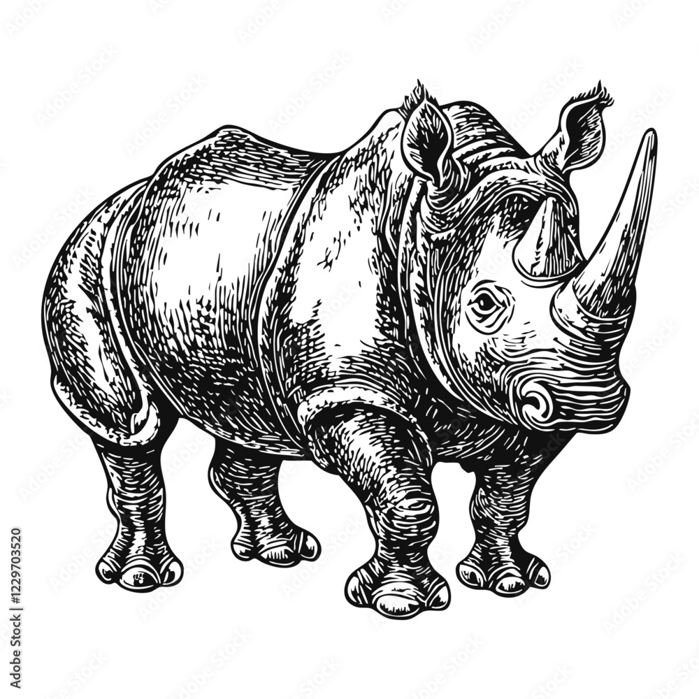 Fototapeta premium Woodcut illustration of a rhinoceros. Vintage grunge vector design element for artworks, poster, cards, web and collages.