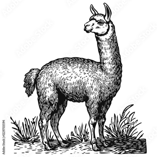 Woodcut illustration of a alpaca. Vintage grunge vector design element for artworks, poster, cards, web and collages.