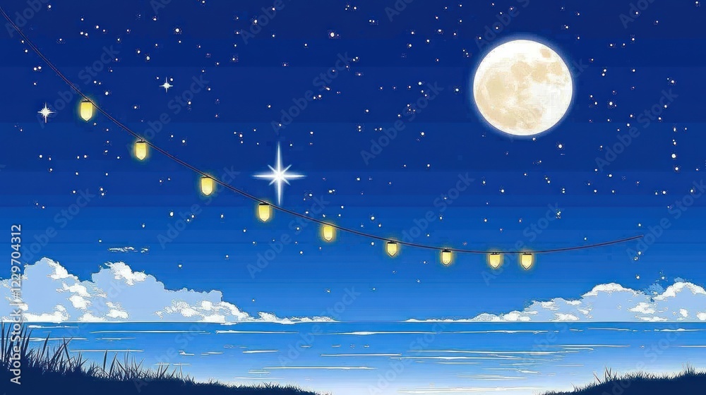 Fototapeta premium Serene night scene with full moon, string lights, and ocean.