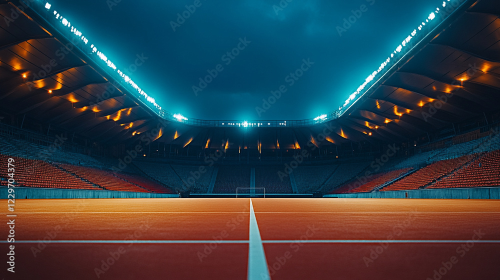 Naklejka premium Empty Stadium Night Modern Architecture Design Soccer Field game goal blue dark arena event venue 