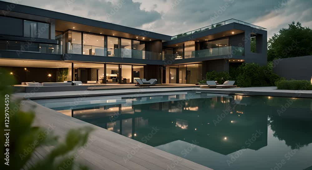 Modern Luxury Home with Swimming Pool at Dusk Modern Luxury Home with Swimming Pool at Dusk