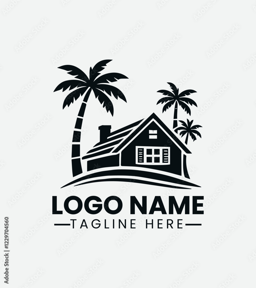 Obraz premium Minimalist Palm Tree House Logo Design, Modern Palm House Logo, Tropical House Icon, Beach House Symbol, Island Living Logo