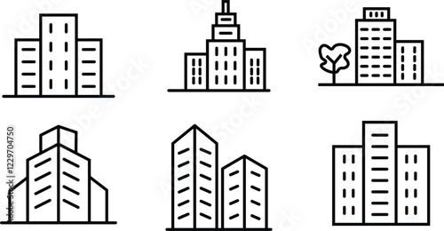Building web icons in line style. Business buildings, Hotel, hospital, apartament, city, town house. Editable stroke width
